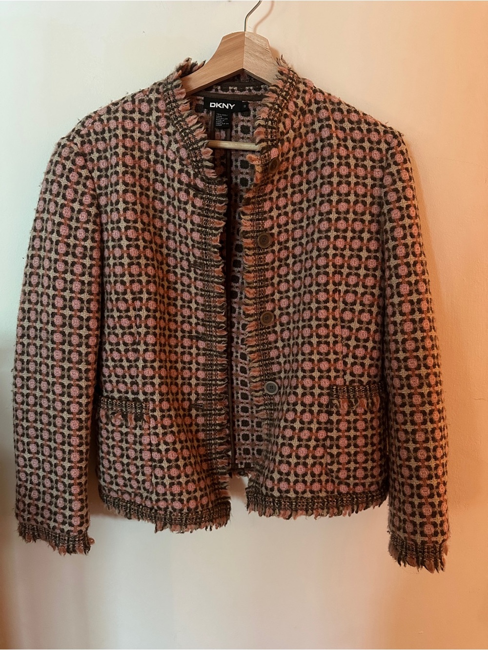 DKNY Pink & Brown Tweed Fringe Jacket